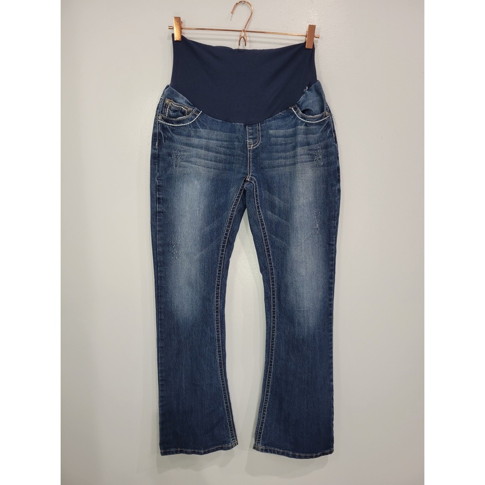 Indigo Blue Maternity Bootcut Jeans‎ Medium Wash Embroidered Pockets Size L